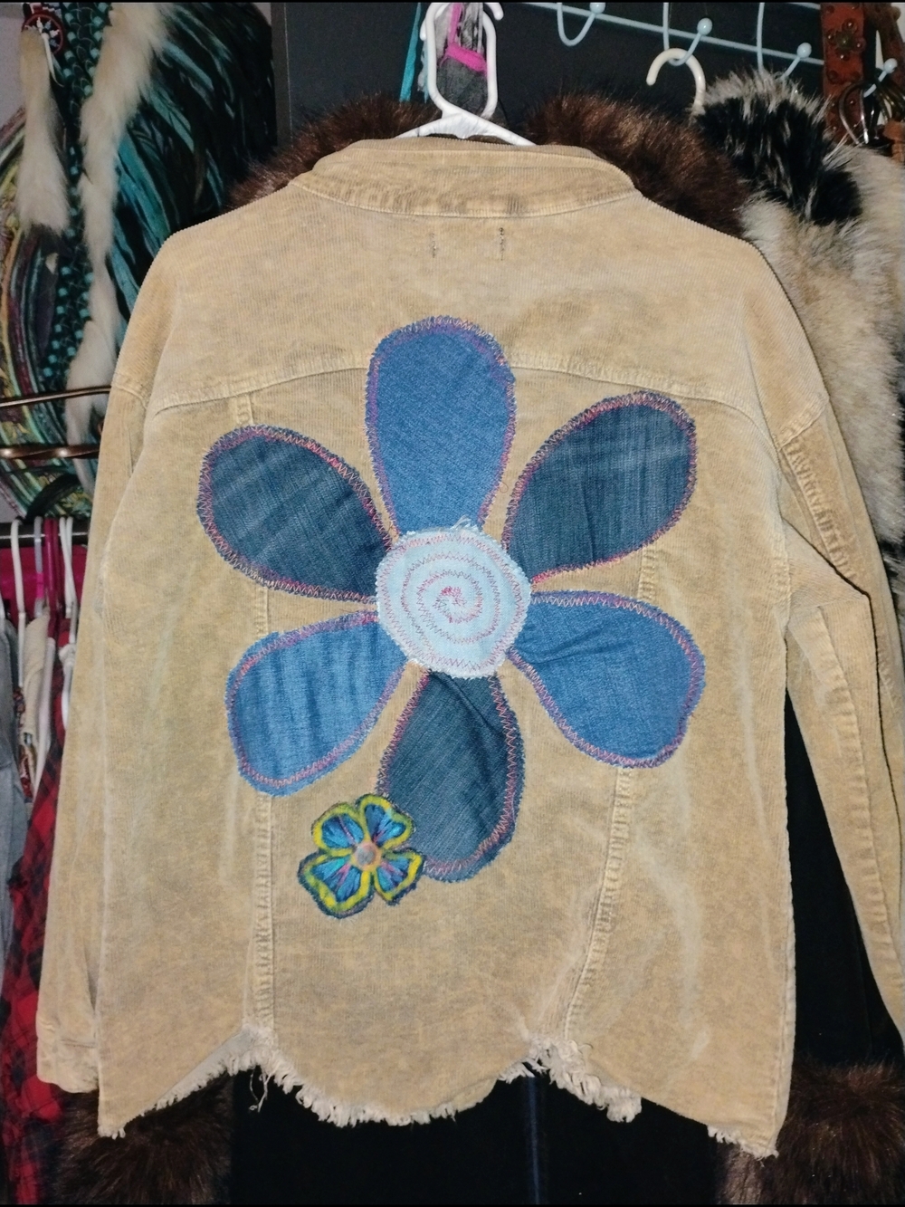 Boho Corduroy Jacket with Denim Flower Patch - Tan & Blue